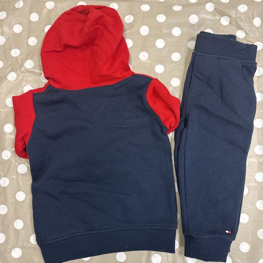 Tommy Hilfiger Jogger Set Boys 3-6 Months Navy Blue With Red Hooded With Pockets - Picture 8 of 10
